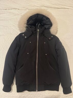 Moose Knuckles Black Down Bomber Coat with White Fur Hood